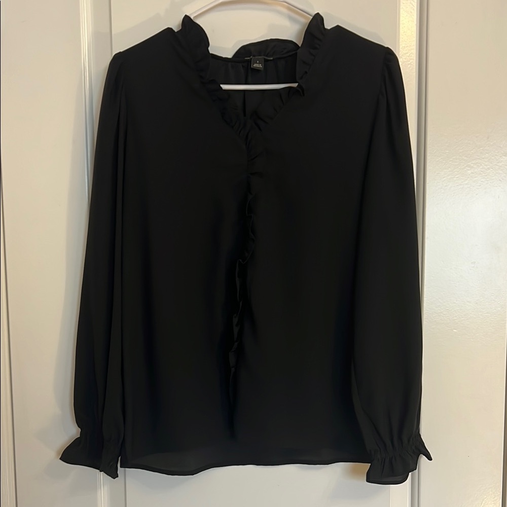 Ann Taylor Black Ruffled Tie Front Blouse